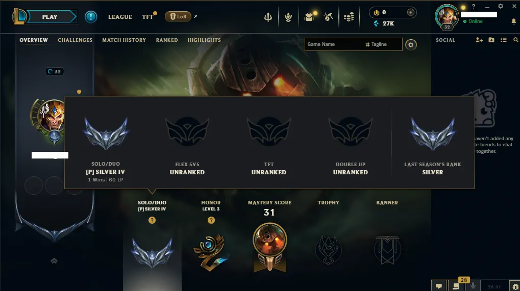 🌎 EUW 🏆S16 ⭐️ Silver 4 ❄️+27K 🔥8 Skins in loot🏆+43 Champions BLue✅️Unverified Email🚀instant delivery